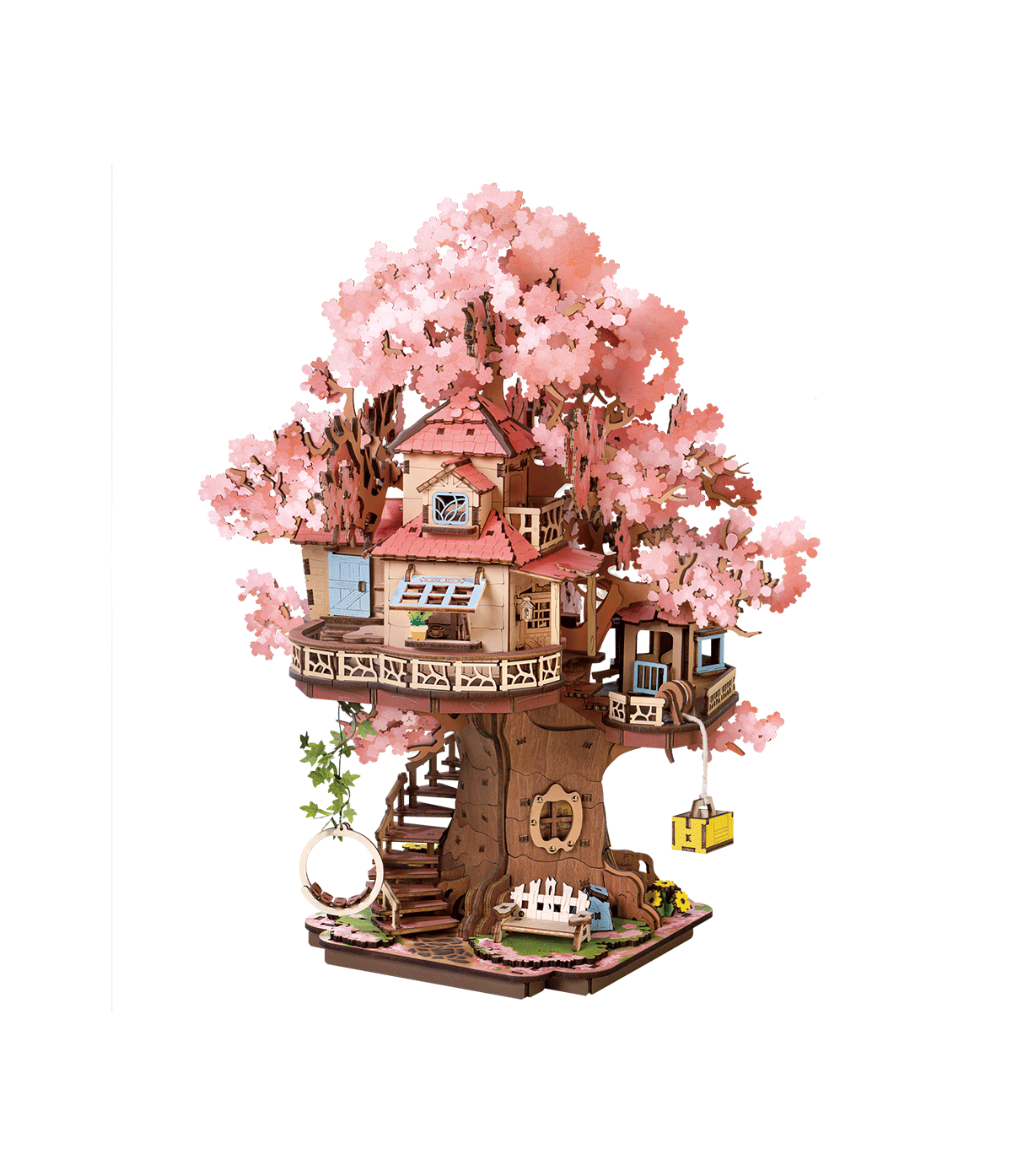 Rolife Sakura Tree House TGS04, puzzle 3D en bois représentant une cabane miniature à deux étages construite autour d’un cerisier en fleurs.