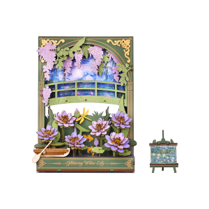 Puzzle 3D en bois Rowood Glittering Water Lily TH001 représentant des nénuphars colorés, une barque et un pont de jardin avec éclairage LED.
