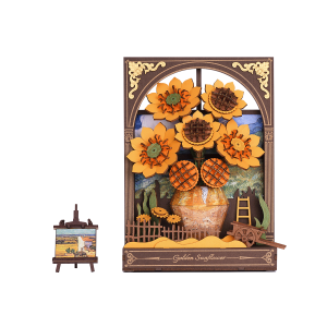 Puzzle 3D en bois Rowood Golden Sunflower TH002 représentant un bouquet de tournesols dans un vase avec un chevalet, une charrette et un éclairage LED.