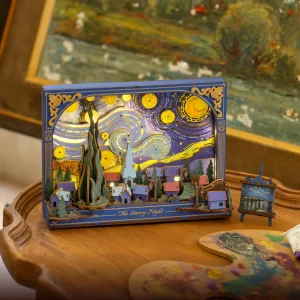 Puzzle 3D en bois Rowood The Starry Night TH003 inspiré de La Nuit étoilée de Van Gogh, avec ciel tourbillonnant, étoiles mobiles et éclairage LED