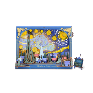 Puzzle 3D en bois Rowood The Starry Night TH003 inspiré de La Nuit étoilée de Van Gogh, avec ciel tourbillonnant, étoiles mobiles et éclairage LED