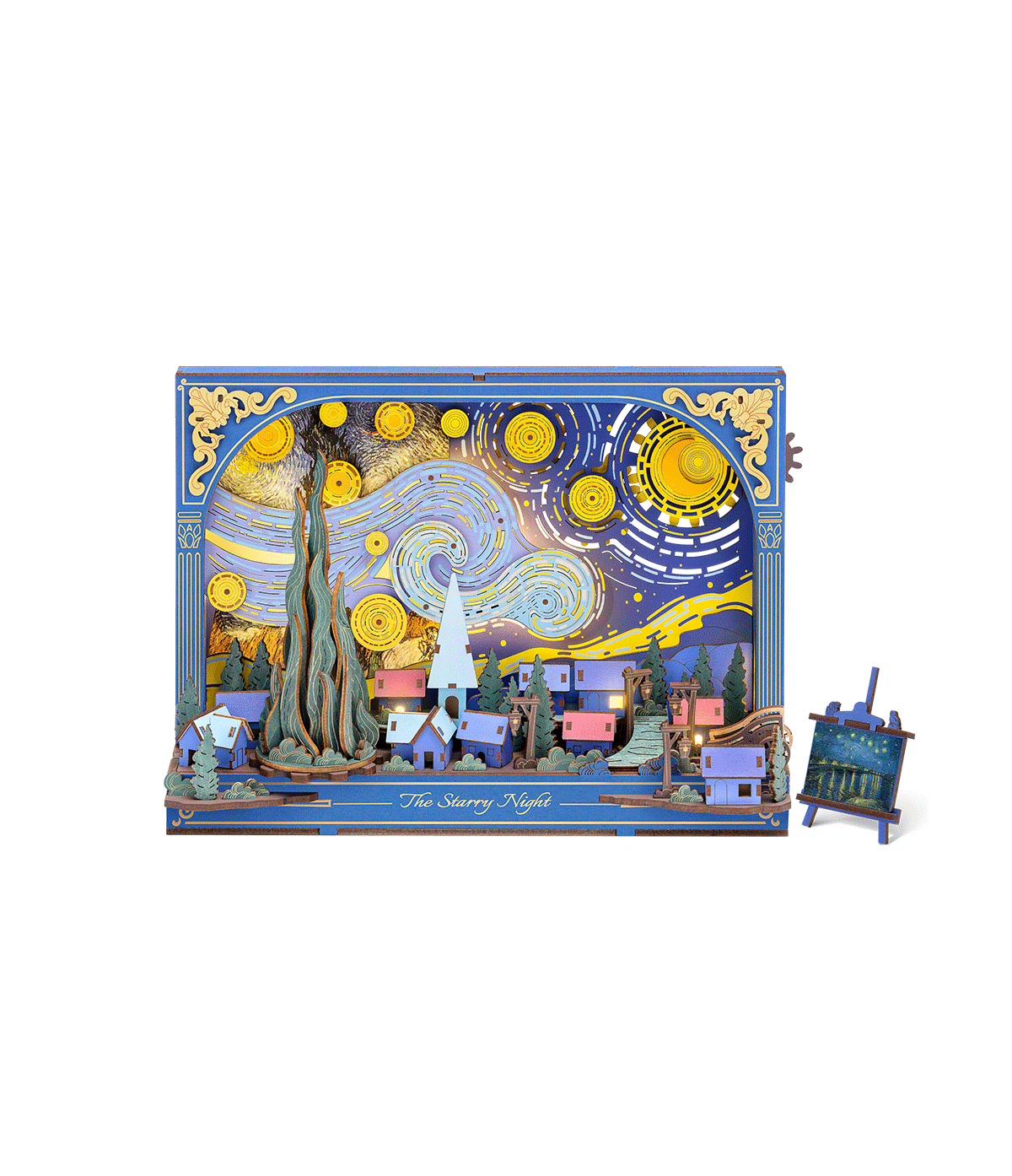 Puzzle 3D en bois Rowood The Starry Night TH003 inspiré de La Nuit étoilée de Van Gogh, avec ciel tourbillonnant, étoiles mobiles et éclairage LED