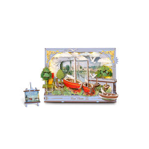 Puzzle 3D en bois Rowood Red Boats TH004 inspiré d’un paysage impressionniste, avec bateaux rouges, pont bleu, végétation, oiseaux, nuages mobiles et éclairage LED.