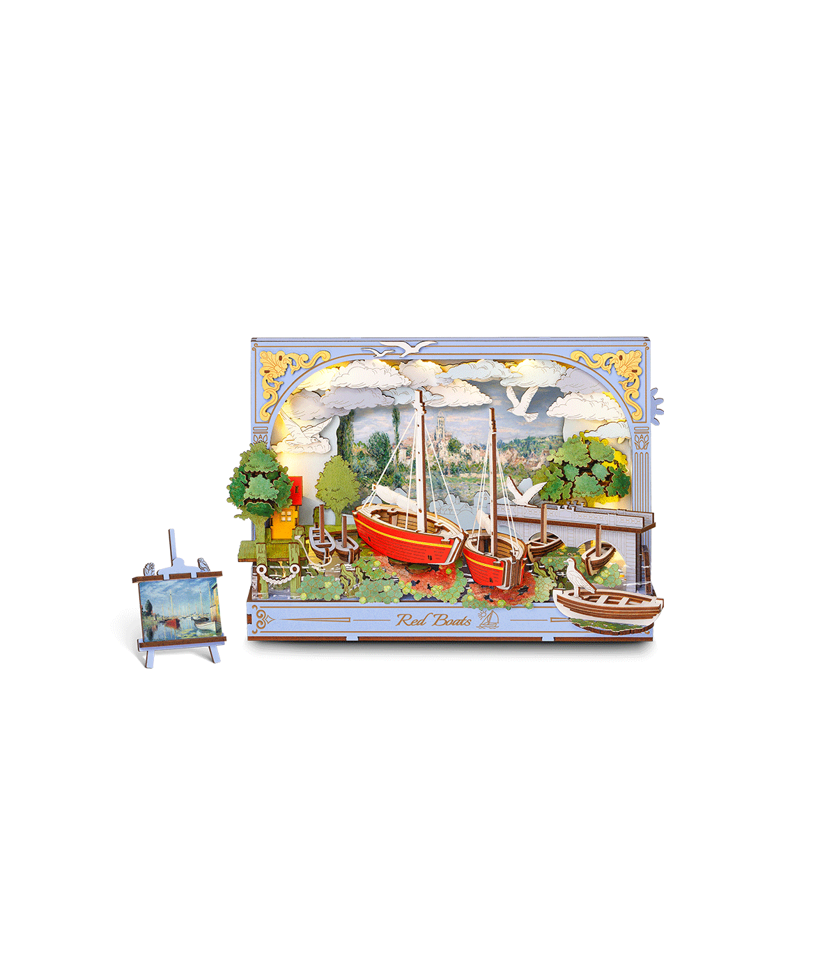 Puzzle 3D en bois Rowood Red Boats TH004 inspiré d’un paysage impressionniste, avec bateaux rouges, pont bleu, végétation, oiseaux, nuages mobiles et éclairage LED.