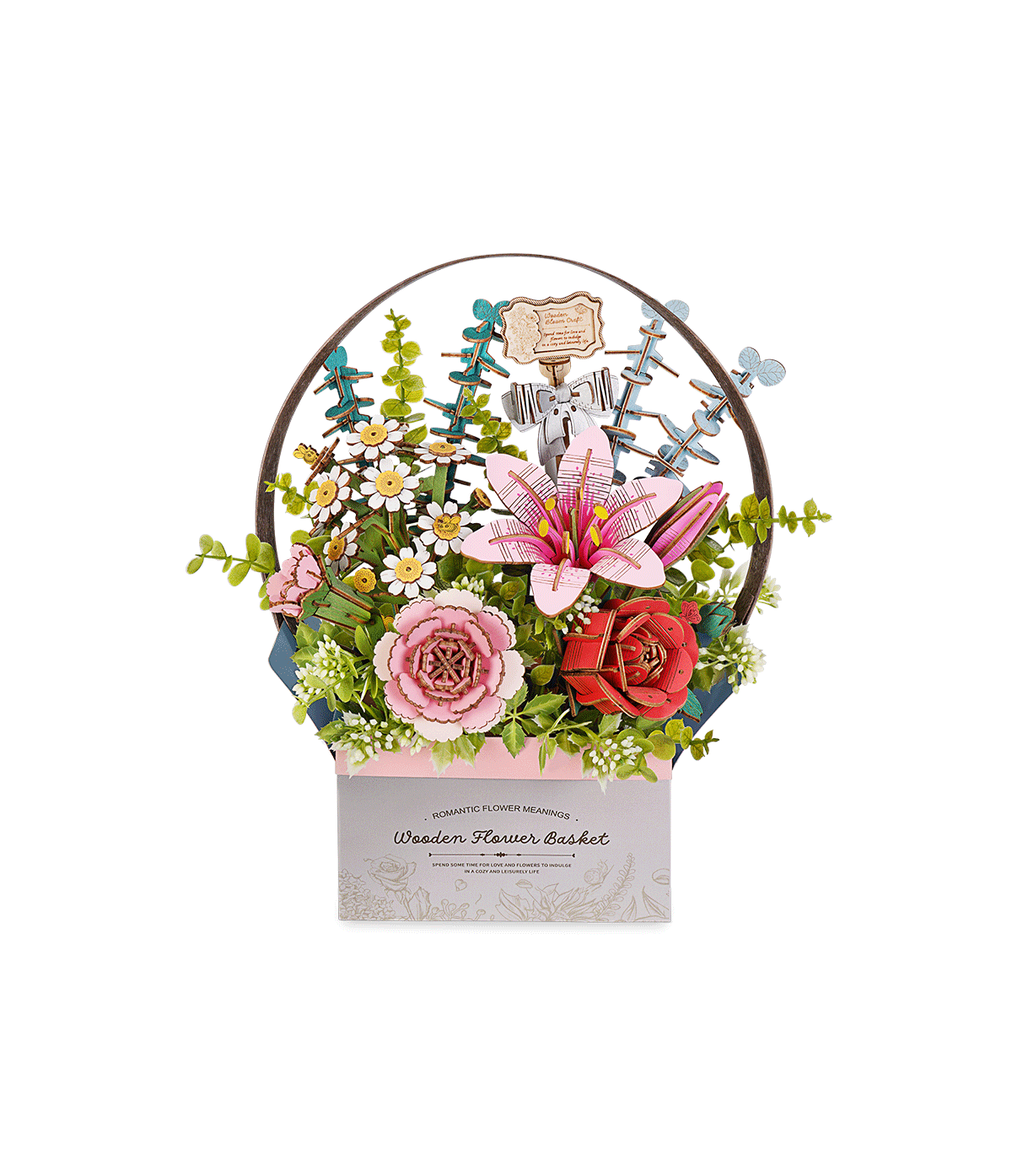 Rolife Rowood Wooden Flower Basket TW03H, composition florale DIY en bois avec fleurs roses, rouges et blanches, feuillage vert et jardinière décorative.