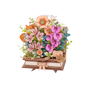 Rolife Rowood Wooden Blooming Book TW04H, puzzle 3D DIY en bois représentant un bouquet coloré composé de fleurs et de feuillages sortant d’un livre ouvert.