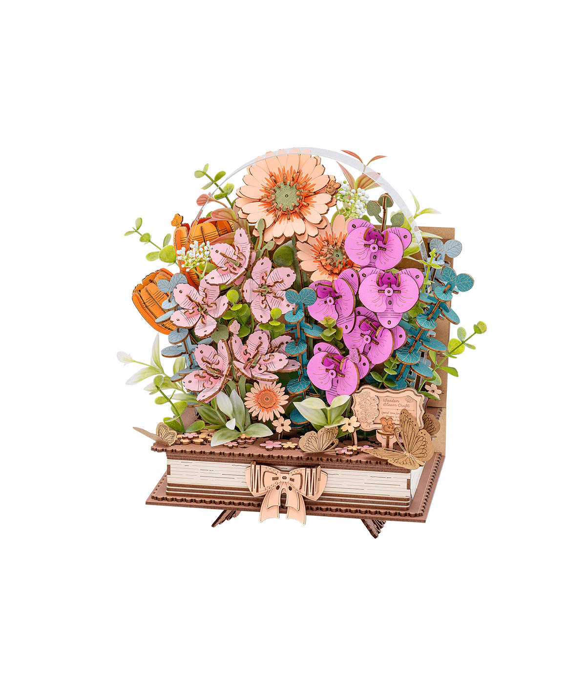 Rolife Rowood Wooden Blooming Book TW04H, puzzle 3D DIY en bois représentant un bouquet coloré composé de fleurs et de feuillages sortant d’un livre ouvert.