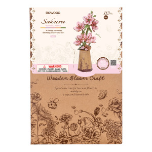 Puzzle 3D en bois Rowood Sakura TW101 représentant une branche de fleurs de cerisier roses dans un vase en papier décoré.
