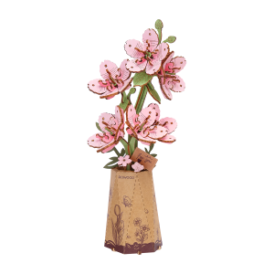 Puzzle 3D en bois Rowood Sakura TW101 représentant une branche de fleurs de cerisier roses dans un vase en papier décoré.