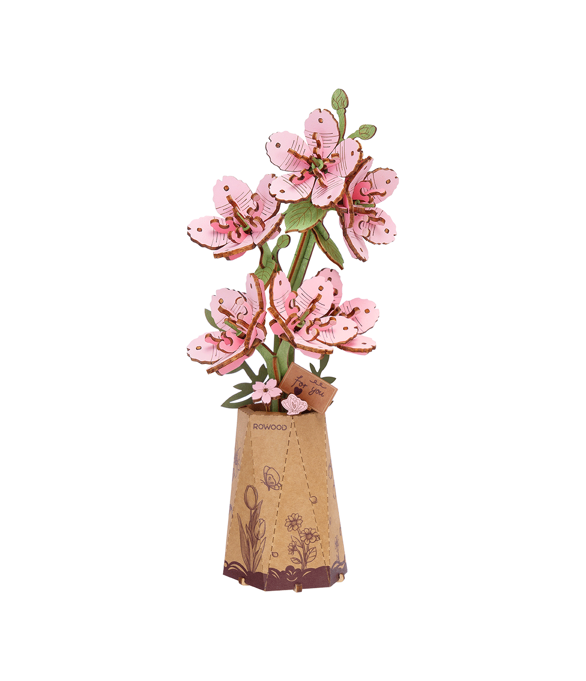 Puzzle 3D en bois Rowood Sakura TW101 représentant une branche de fleurs de cerisier roses dans un vase en papier décoré.