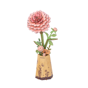 Puzzle 3D en bois Rowood Pink Dahlia TW131 représentant un dahlia rose aux nombreux pétales, accompagné de feuilles vertes dans un vase décoratif en papier.