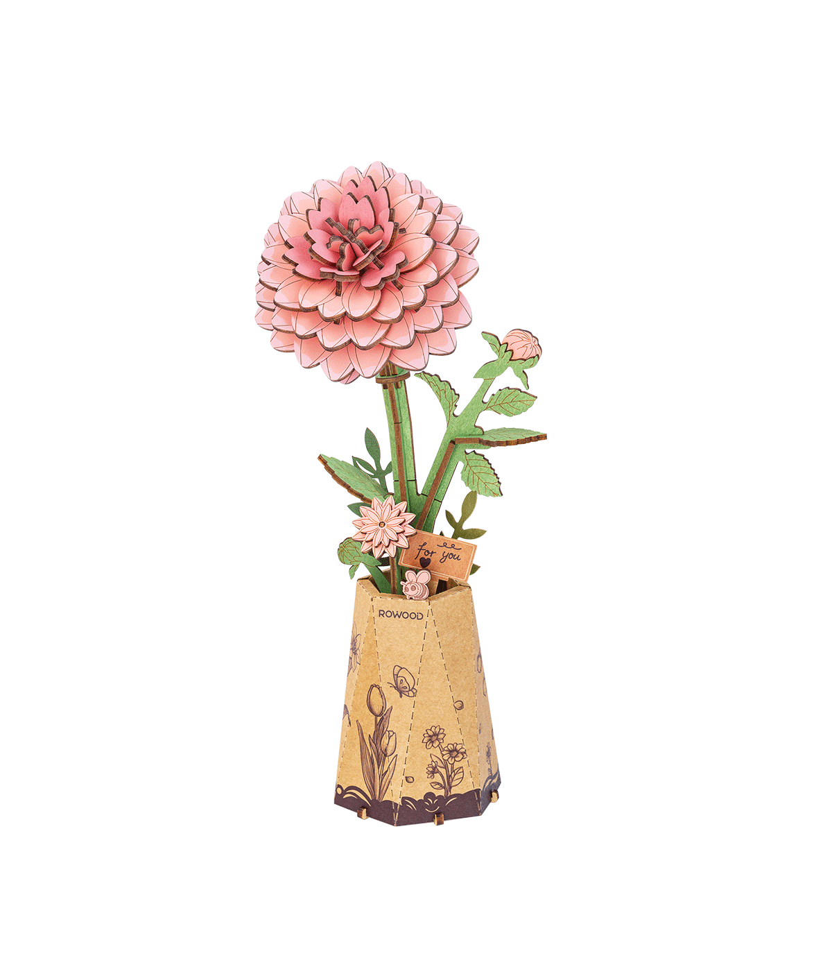 Puzzle 3D en bois Rowood Pink Dahlia TW131 représentant un dahlia rose aux nombreux pétales, accompagné de feuilles vertes dans un vase décoratif en papier.