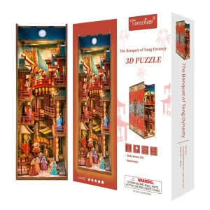 Book Nook Tonecheer The Banquet of Tang Dynasty représentant une scène miniature de la Chine ancienne avec lanternes, pavillons traditionnels, ponts et personnages en costumes d’époque.