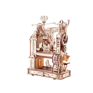 Puzzle mécanique 3D en bois ROKR LK602 représentant une presse à imprimer classique avec engrenages, caractères mobiles et éclairage LED.