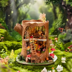Rolife Fairytale Tree House DG179 – maison miniature dans un arbre avec intérieur aménagé, jardin, champignons et balançoire.